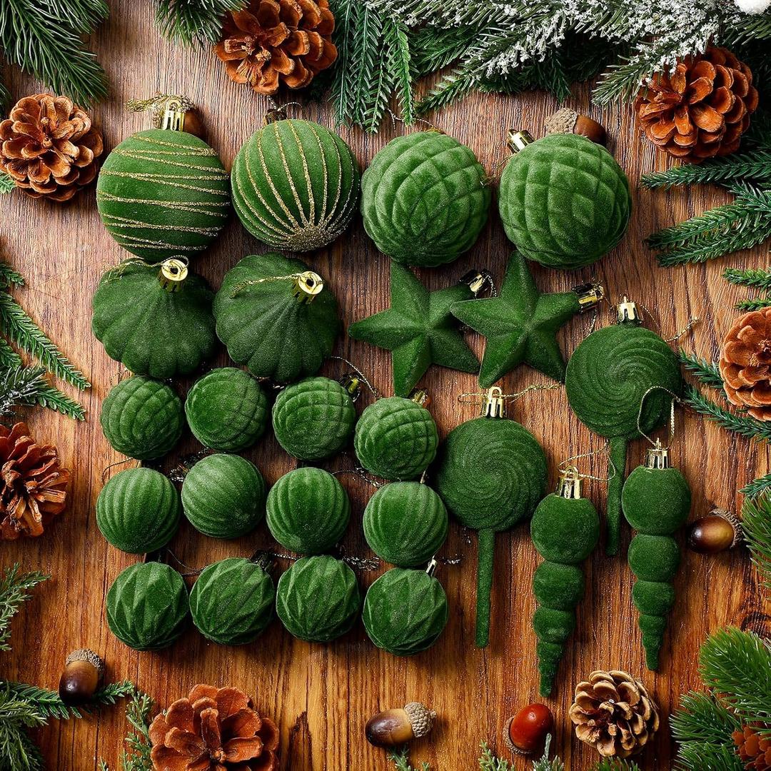 24 Pcs Small Olive Green Velvet Christmas Ornaments Ball Set Shatterproof Christmas Tree Decorations Assorted Flocked Xmas Baubles Decorations Xmas Holiday Party Wedding Decor