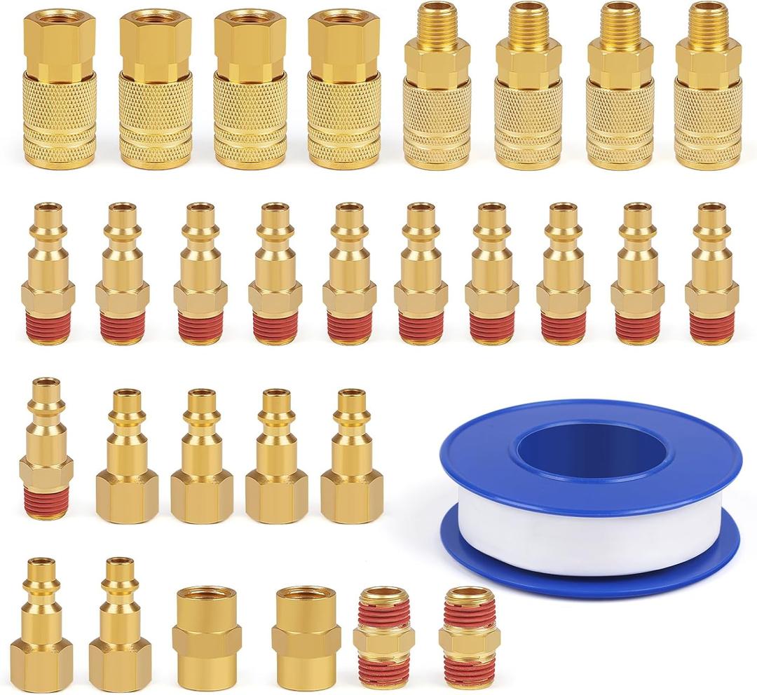Industrial Air Coupling 30Pieces,1/4" Hose Barb, 1/4" Basic Flow Quick Connect Air Coupler With Adhesive Tape, Max Inlet Pressure 300 PSI Brass Air Compressor Accessories (30pcs 1/4'' NPT Set)