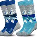 Hylaea Merino Wool Ski Socks Kids, Knee-high Warm Thermal Snowboard Skating Socks for Toddler Boys and Girls Grey Blue XX-Small
