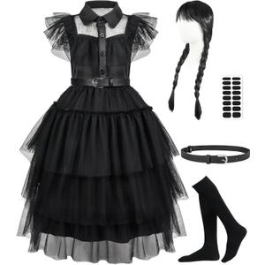 VOKOFAYE Black Dress Costume for Girls 4-5 Years Old, Kids Black Dress Up Clothes with Wig & Accessories, Halloween Cosplay Gift for Party
