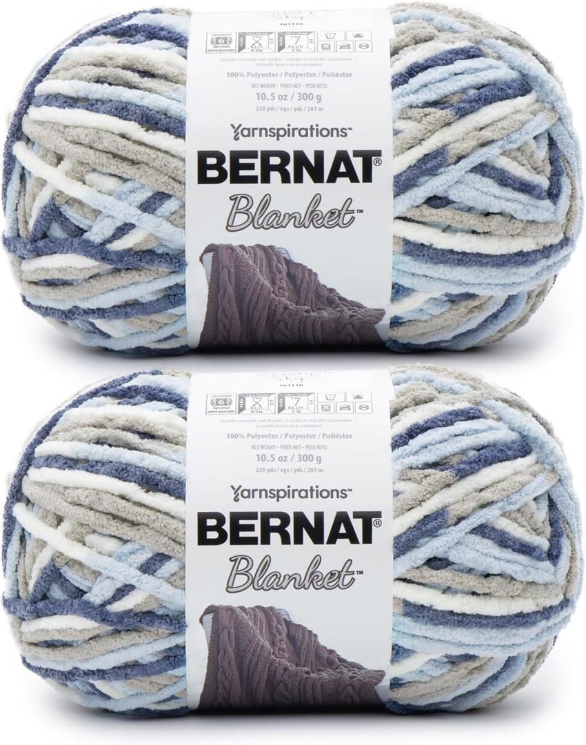 Bernat Blanket Super Bulky Acrylic Yarn - 2 Pack of 300g/10.5oz #6 Chunky Chenille Heavy Weight Yarn for Knitting and Crocheting, Amigurumi, Thick Blankets (Cloudy Sky, 220 Yards 2-Pack)