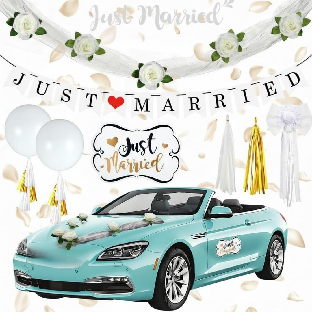 Sosation 9 Pcs Just Married Car Decorations Wedding Car Decorations Just Married Magnets Banner Decals Flower Pearl Bud Ribbon Balloon for Honeymoon Wedding Reception Ceremony Party Decor Photo Prop