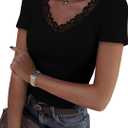 Women Short Sleeve Lace V Neck Shirts Ribbed Knit Fitted Basic Tee Tops Business Dressy Casual Summer Blouses T-Shirt (Small, Black)