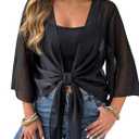 BEAUDRM Women's Plus Size Tie Front Top Sheer Mesh 3/4 Sleeve Lightweight Cardigan Casual Crop Tops (X-Large Plus, Black)