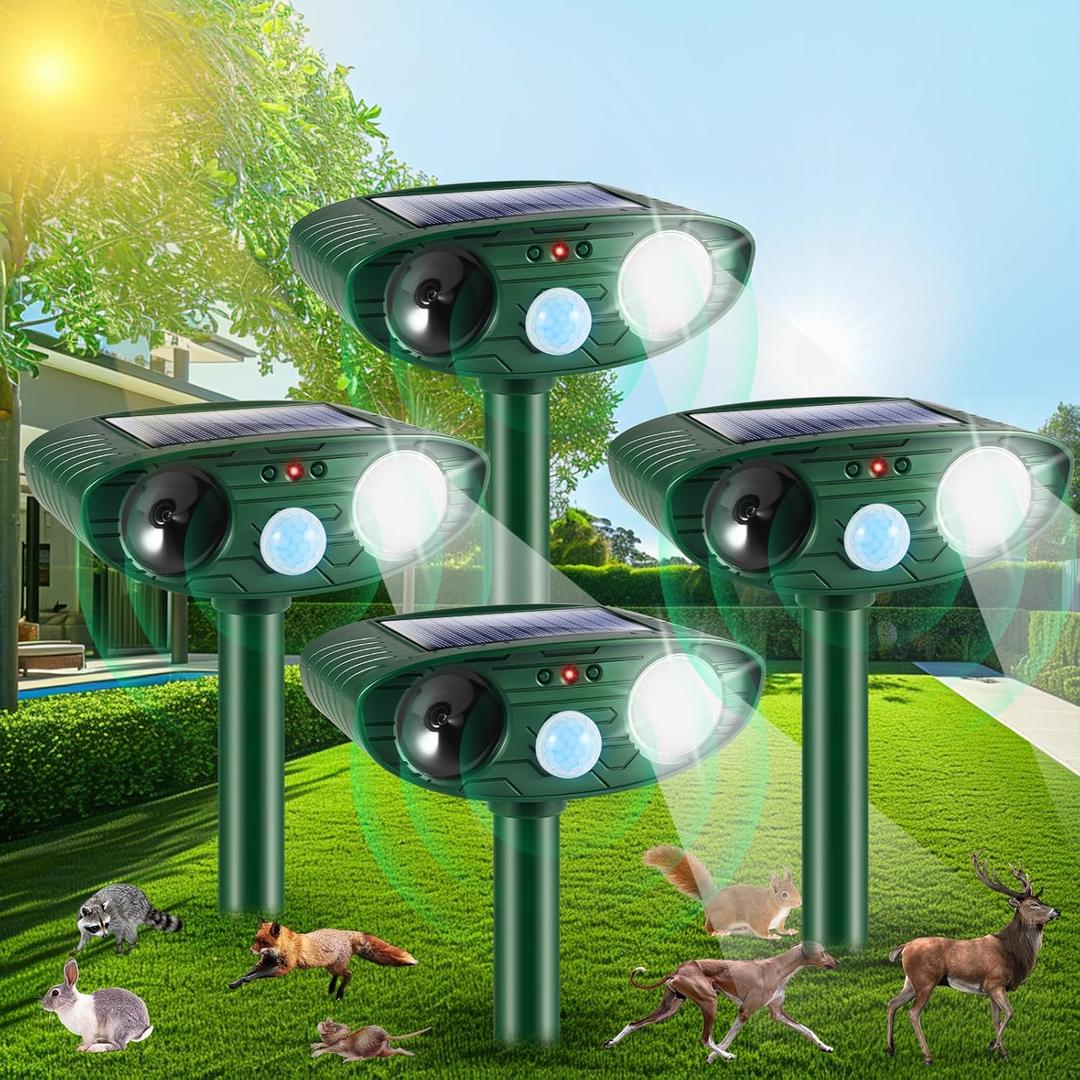 4 Pack 2025 Solar Ultrasonic Animal Repellent Outdoor Deer Repellent Devices Motion Detection Waterproof Cat Skunk Dog Raccoon Squirrel Rabbit Deterrent Animal Repeller Flash Light for Yard Farm