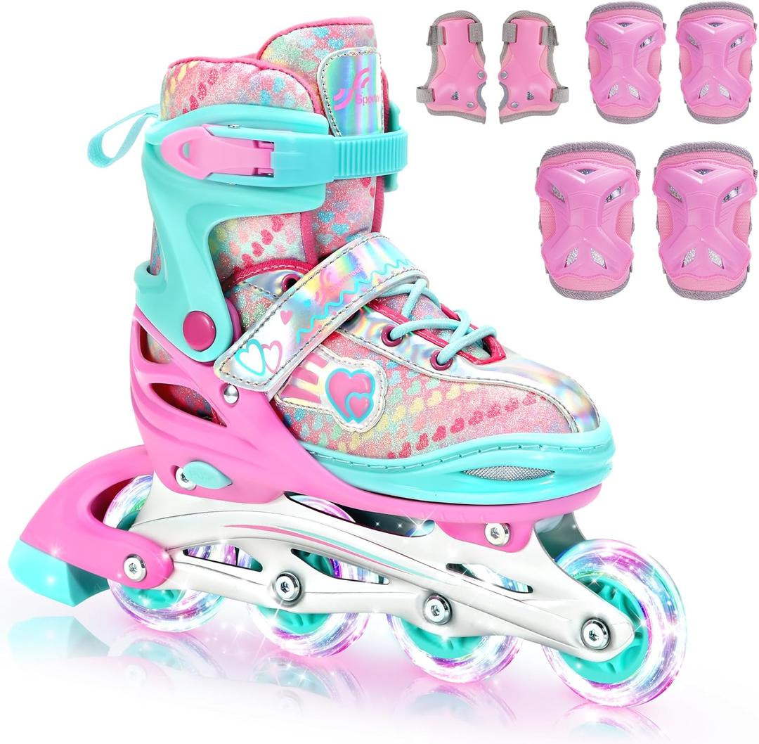 Sportneer Adjustable Inline Skates for Girls, Kids Inline Skates with Light Up Wheels Roller Blade with Protective Gear Set for Kids Girls Women Beginners Indoor & Outdoor Use (L (Foot Length: 9.7-10.6inch), Pink)