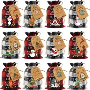 Aviski 60PCS Cotton Small Christmas Drawstring Candy Treat Bags Buffalo Plaid Xmas Xmas Christmas Fabric Goody Gift Sacks Reusable Gift Wrapping Bags Holiday Party Favors - Red/White