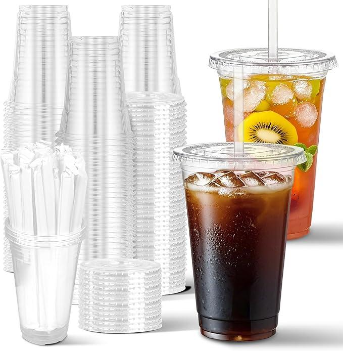 Charmount 100 Sets- 20 oz Clear Plastic Cups with Lids and Straws, Disposable To Go Cups for Cold Drinks, Iced Coffee, Milkshakes, Smoothies