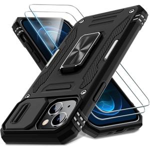 DEERLAMN Case for iPhone 15 with Slide Camera Cover + Screen Protector (2 Packs), Rotated Ring Kickstand Military Grade Shockproof Protective Cover, Black