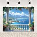Spring Summer Backdrop 10x8ft Italy Garden Terrace Boat Costal City Scenery Photography Background Spring Flower Roman Columns Background Photo Props
