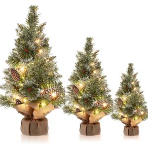 Skylety 3 Pcs Mini Christmas Tree Small Prelit Artificial Tree for Desktop Glittery Pine Miniature Christmas Trees with Light for Xmas Home Tabletop Decoration (Linen Base)