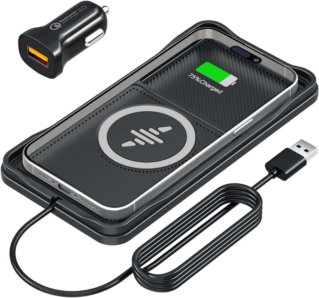 Car Wireless Charger Pad, 15W Fast Non-Slip Wireless Charging Pad for Car with 20W Car Adapter, Compatible with iPhone 17 16 15 14 13 12 Pro Max AirPods,100CM Cable