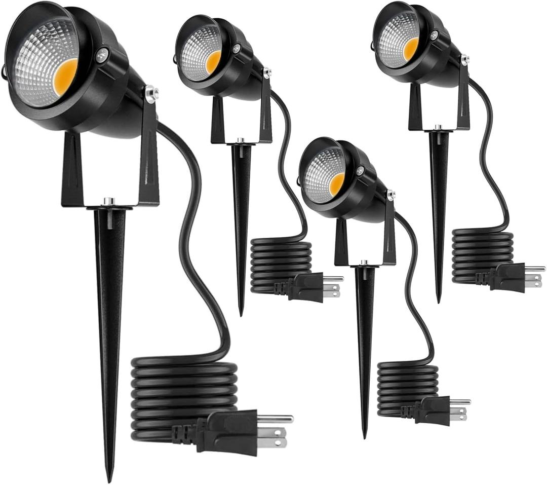 Warm White Outdoor Spot Lights, 10W Waterproof Garden Spotlight COB LED Spotlights with Spiked Stand for Lawn Decorative Lamp 4 Lights