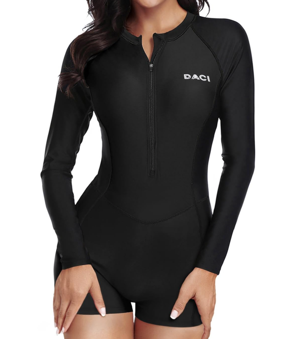 Daci Women Long Sleeve Rash Guard One Piece Boyleg Swimsuit Zipper Surfing Bathing Suit UPF 50+, M