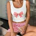 Women's 2 Piece Outfits Bow Graphic Crop Tank Top and Frill Bloomers Shorts Summer Outfits Trendy (XL)