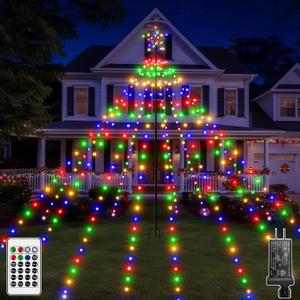 Christmas Tree Lights 340LED with Topper Star, IP67 Waterproof Remote Control Waterfall Lights with Pole, 16 Modes 3 Timers Dimmable Christmas Decorations for Outdoor Yard (Multicolored)