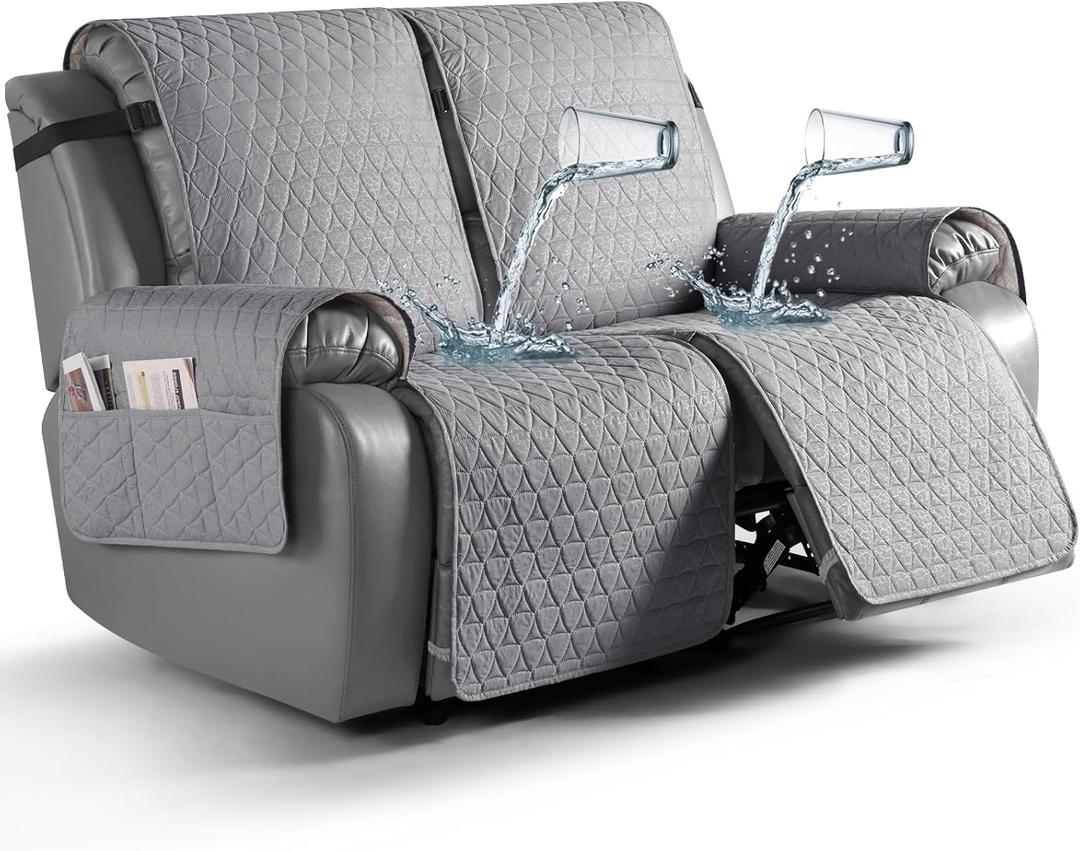 TAOCOCO 100% Waterproof Recliner Cover, Non-Slip Washable Reclining Couch Cover with Elastic Leg Straps, Furniture Protector for Dogs (Light Gray, 2 Seater)