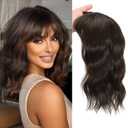 TYQ Hair Toppers for Women with Thinning Hair 14 Inch, 360 3D Synthetic Curly Wavy Wispy Clip in Bangs(Dark Brown Mixed Chestnut)