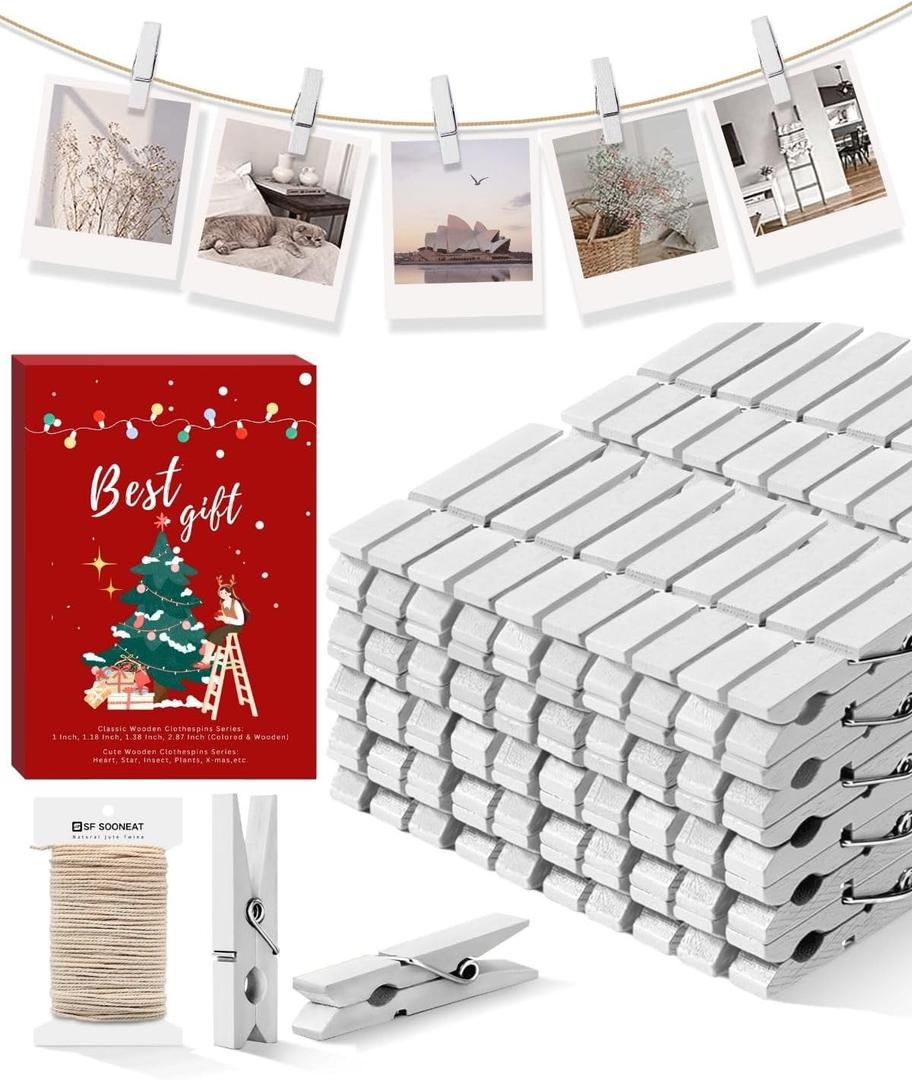 Clothes Pins Mini Clothespins White - 100 PCS Wooden Small Clothespins for Pictures with Jute Twine Tiny Photo Paper Clip, Ideal for Baby Shower, Crafts, Chip Clips, Home Office Decoration