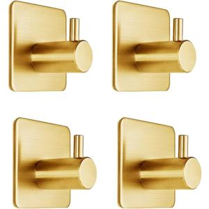 Fotosnow Gold Adhesive Hooks 15LB (Max), Non Tarnish Sticky Hooks for Hanging Towels, Coat, Backpack, Purse, Hat, Key, Self-Adhesive Towel Holder for Shower Closet Bathroom-4 Packs