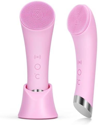PRITECH Facial Cleansing Brush, Rechargeable Silicone Face Scrubber with Heat Massage End, Vibrating Exfoliator Scrubber for Deep Cleaning, Waterproof Face Brush for Women and Men (Pink)