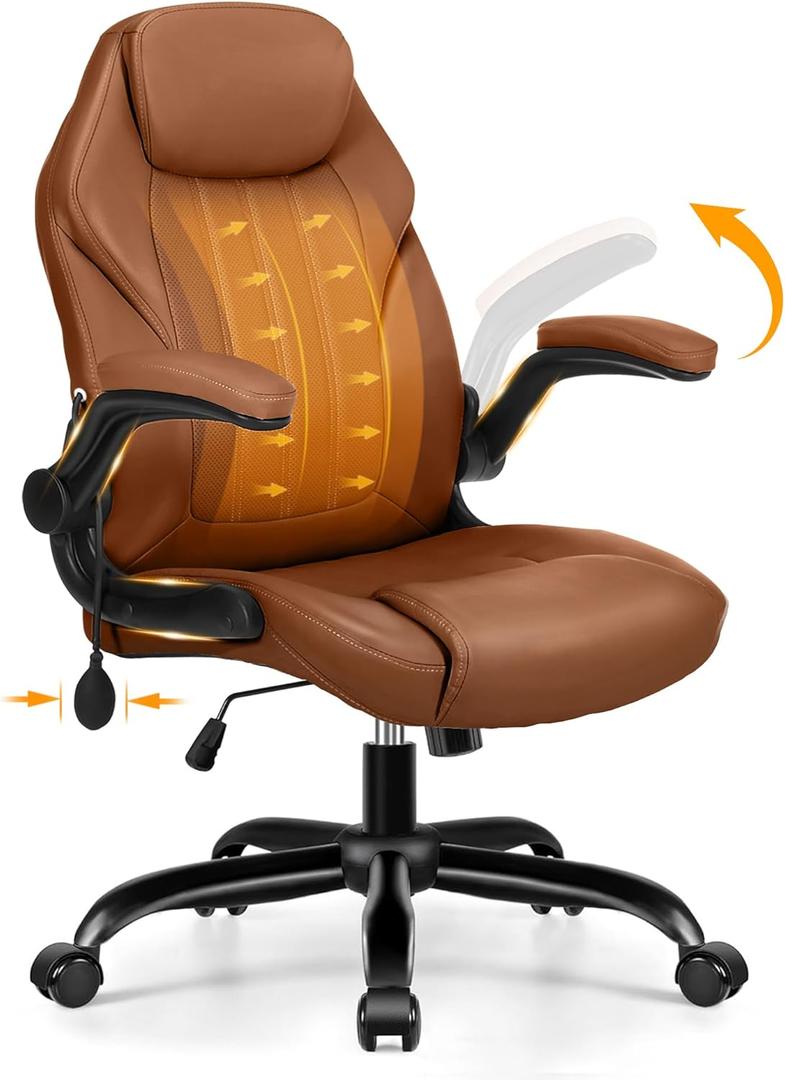 Office Desk Chair, Ergonomic Computer Chair with Padded Flip-Up Arms and Adjustable Lumbar Support, PU Leather Executive Chair with Tilt Lock and 360 Swivel Rolling Wheels for Work, Study (Brown)