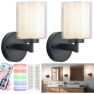 Battery Operated Wall Sconce Set of 2, Wireless Wall Sconce with Remote,10000mAh Rechargeable RGB Dimmable Bathroom Light Fixtures with Double Clear Glass Shade NOT Hardwired (Black)