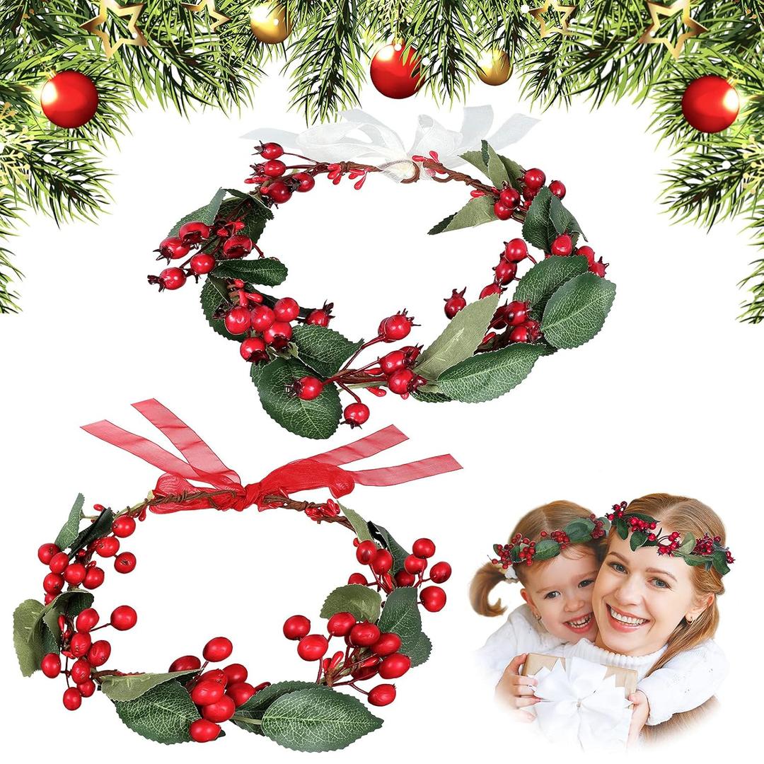 MTLEE 2 Pcs Christmas Flower Crown Headband Artificial Berry Garland Head Vintage Woodland Wedding Wreath Adjustable Red Berries Ribbon Headpiece for Christmas Party Festival Photo Prop