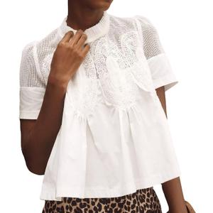 Womens Lace Flared Short Sleeve Blouse Lace Poplin Ruffle Mesh Crew Neck Swing Babydoll Tops Elegant Loose Shirts (S)