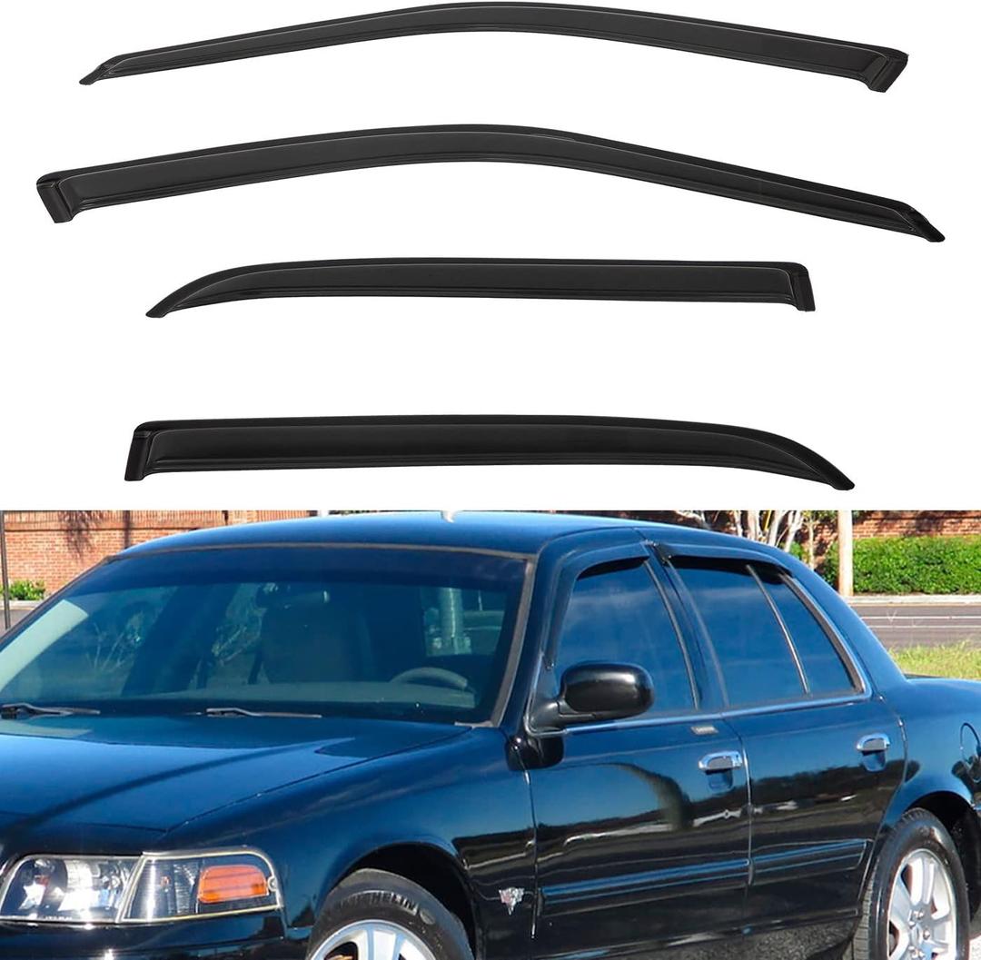 4pcs Window Visors Compatible with 98-11 Crown Victoria 92-11 Grand Marquis (Without Landau Roof) Front+Rear Smoke Tint Sun/Rain Guard Outside Mount Tape-On Vent