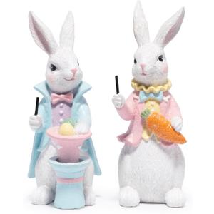 Hodao Easter Bunny Figurines Set of 2-6.5" Resin Magician Rabbit Decor Pulling Egg from Magic Hat & Holding Carrot, Whimsical Spring Tabletop Centerpiece for Home Mantel Shelf