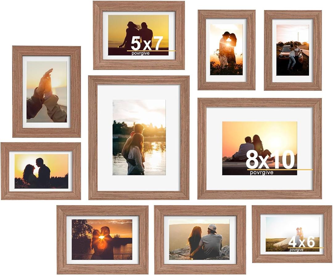 Picture Frames Set of 10-8x10, 5x7, 4x6 Photo Frames, Gallery Frame Set for Collage Wall Decor, Wood Frame with Glass Front and Mat Options for Wall and Tabletop Display, Rusic Brown