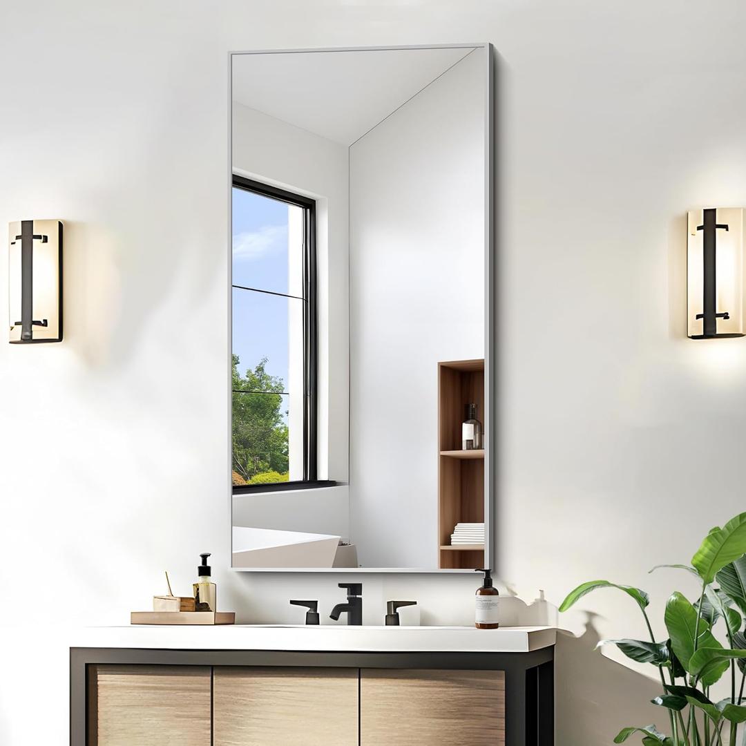 KOCUUY Silver Framed Mirror, 20"x40" Rectangle Bathroom Mirror for Wall, HD Tempered Glass, Anti-Rust Frame, Modern Design for Bathroom, Bedroom, Living Room, Entryway