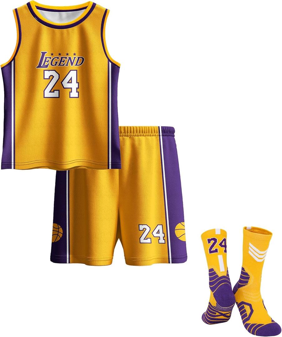 Kids Basketball Jerseys #24 Mesh Sleeveless Tank Top Shorts Socks for Boys Girls 3PC Athletic Training Uniforms (9-10 Years)