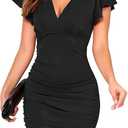 OWIN Women's Sexy V Neck Ruffle Sleeve Faux Wrap Ruched Bodycon Mini Party Cocktail Dress XL