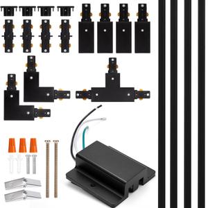H Track Lighting Rails Kit - iCreating 13ft Black Track Light Track 3 Wire with Floating Canopy Connector, I and L Connectors for Single Circuit H Type LED Track Lighting Heads Fixtures