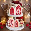 Valentines Day Decorations, 4 Pcs Wood House Shape Sign, Romantic Valentine Decor for Home Office Shelf Tiered Tray Desk Mantle Couple Gifts