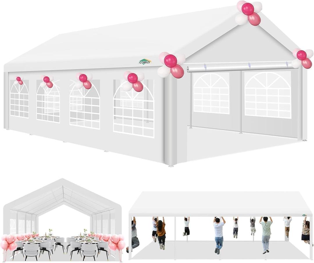 COBIZI 13x26 Party Tent Heavy Duty for Parties, Powder Coating (Better Than Galvanized), Waterproof for Church & Wedding, Large Outdoor Event Gazebo with Removable Sidewall & Built-in Sandbag, White