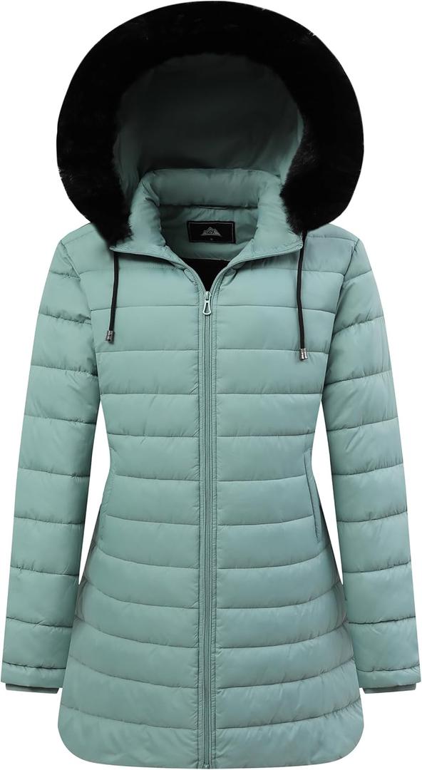 GOLDLADIES Women's Waterproof Long Down Jacket,Warm Winter Hooded Puffer Coat Thickened for Hiking Outdoor (Large, Light Green)