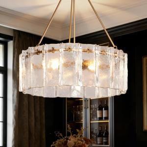 Gold Glass Chandeliers for Dining Room, D24'' Modern Drum Crystal Chandelier, 6-Light Round Farmhouse Hanging Ceiling Pendant Light Fixture for Living Room Kitchen Island Foyer Bedroom (E26)