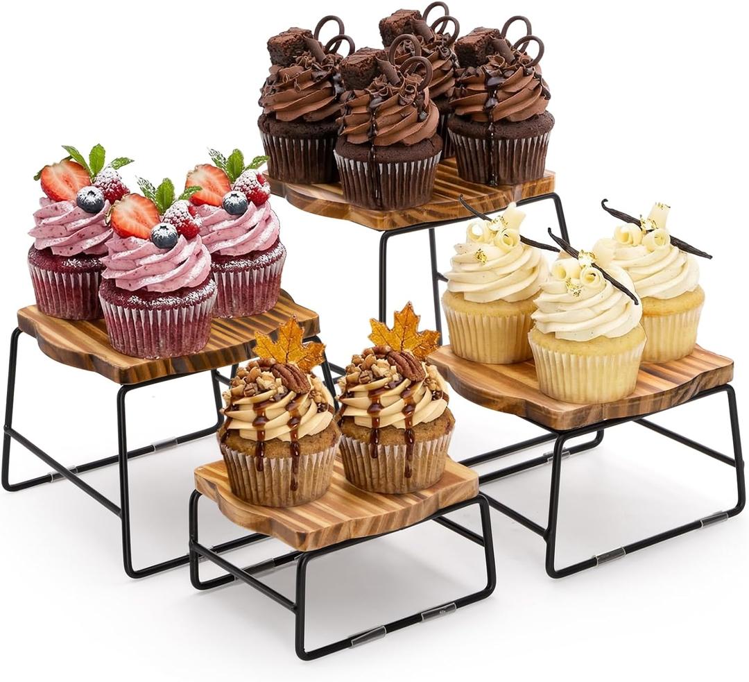 ZENFUN 4 Piece Wood Buffet Risers, Dessert Table Risers Food Display Riser, Pizza Pan Riser, Cupcake Stand & Wood Display Risers, Nesting Food Platter and Plate Holder