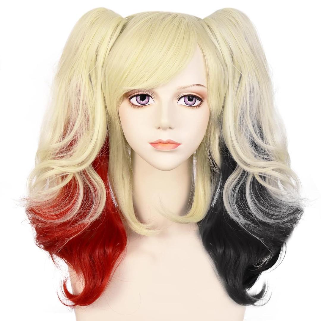 JoneTing Blonde Cosplay Wig Red Ombre Black Synthetic Wig with Ponytails for Anime Cospaly Women Rubio Rojo Ombre Negro Short Wavy Wigs for Halloween Long Dress Up Wig for Cosplay Costume