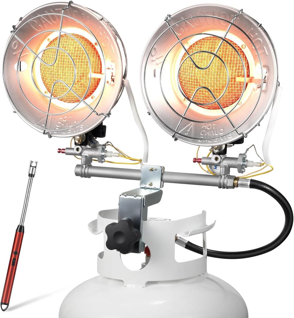 Propane Heater, 30,000 BTU 3 Settings 2-Burner Tank Top Heater with USB Lighter, Propane Heaters Outdoor With Shut-off Valve and Tip-over Switch for Patio, RV, Camping, Open Work