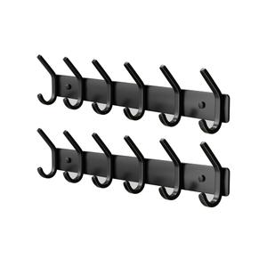 Coat Rack Wall Mount Hooks - 15 Inch Matte Black Metal 6-Hook Organizer Wall Mounted, Modern Kids Room, Entryway & Bathroom Hanger for Beach Towels, Coats, Purses, Bags (2 Pack)