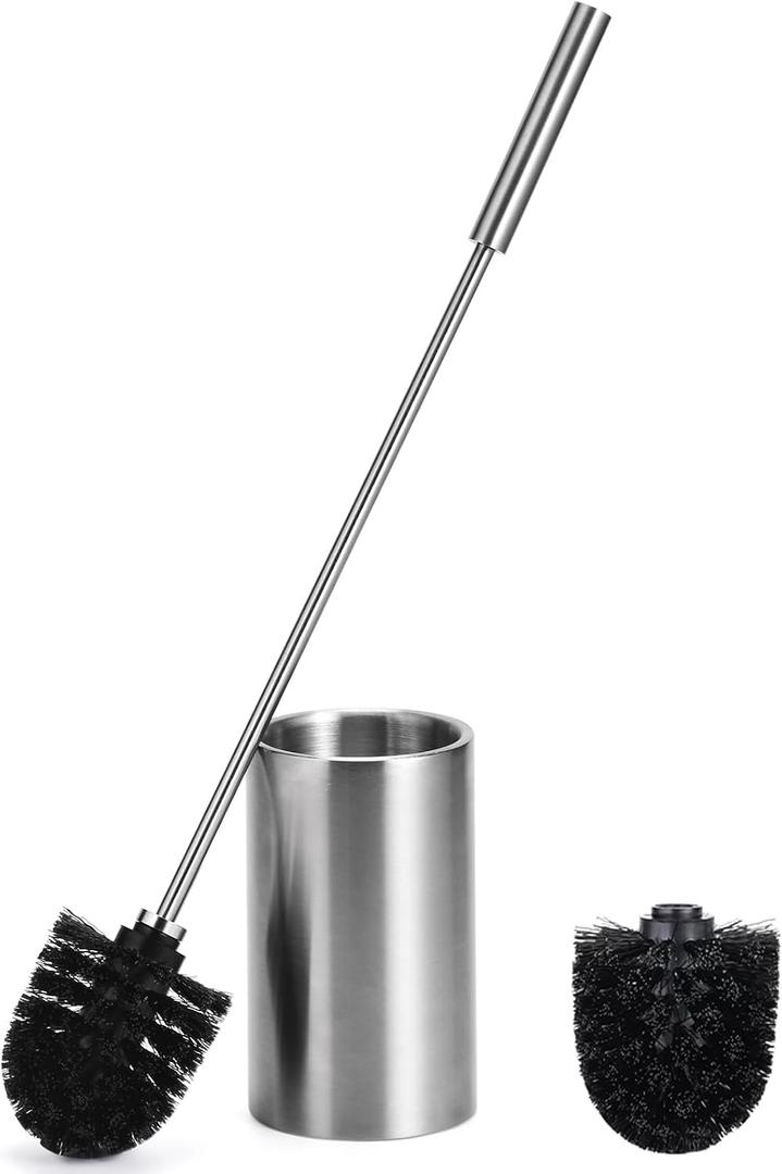 Toilet Bowl Brush and Holder Solid Long Handle Toilet Brush for Bathroom with Heavy Duty 304 Stainless Steel Base and 2 Brush Heads for Domestic Deep Cleaning Under Rims (Silver 1)
