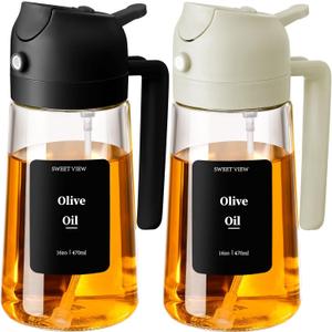 SWEET VIEW 2PCS Oil Sprayer for Cooking, 16oz/470ml Glass Oil Dispenser/Pour Bottle, Kitchen Accessories, Kitchen Gadgets for Air Fryer, Salad, BBQ, with Stickers (Black,White)