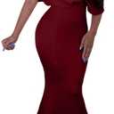 GOBLES Women Sexy V Neck Off The Shoulder Evening Gown Fishtail Maxi Dress (XL, Wine Red)