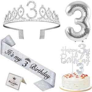 3rd Birthday Decorations for Girls Silver with 3rd Birthday Sash and Tiara, Cake Topper and Candle, Silver Number Balloon, 3 Year Old Gifts for Girls