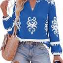 BTFBM Womens Tops Spring Casual Long Sleeve Shirts Button Up V Neck Bohemian Blouses Loose Tunics Vacation Outfits(Lake Blue White Floral,XX-Large)