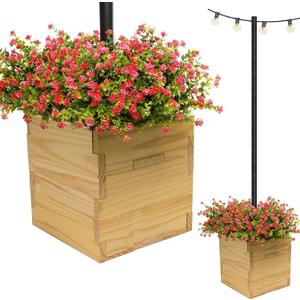 Extra Large Decorative Wooden Planter w/ Universal Pole Support for String Light Poles,Umbrellas,Bird Feeders. Solid Wood Outdoor Garden Box for Plants(Does not include Pole), 17"x17"x18", Natural
